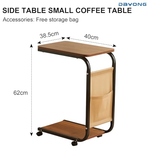 DAYONG C Shaped End Table,Movable Side Table Coffee Table Sofa Table with Wheels and Storage Bag for Small Space, Living Room, Bedroom, Bedside(40 * 38.5 * 62cm)