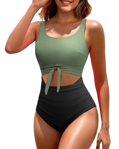 Century Star Women's One Piece Swimsuit - Slimming Tummy Control Swimming Suits Cutout Tie Knot Swimwear 2026 Army Green, Black 2XL at Amazon
