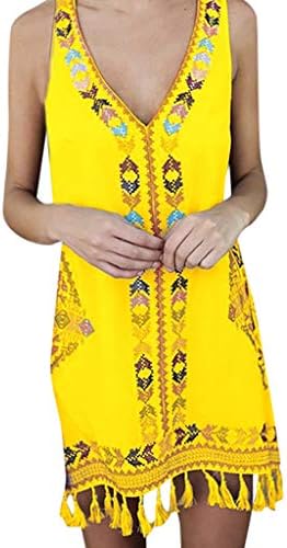 Women Mini Dress,Cenglings Ladies V Neck Sleeveless Loose Dress Bohemian Tassel Casual Print Patchwork Beach Sundress