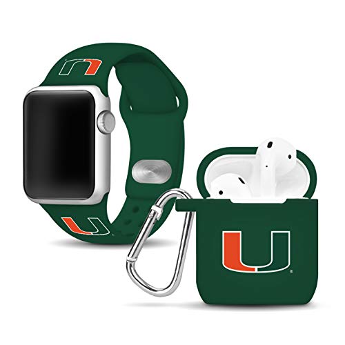 Affinity Bands Miami Hurricanes Silicone Watch Band and Case Cover Combo Compatible with Apple Watch and AirPod Case