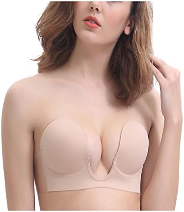 Amofer Strapless Bra With U-Shaped Pad Push-up Reusable Silicone For Women Self Adhesive Sticky Backless Dresses Bras (A, Nude)