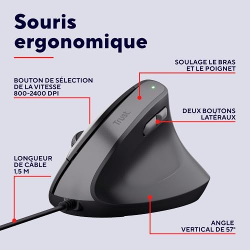 Yuno Souris Verticale Ergonomique Filaire, Cable USB de 1,5m, Noir