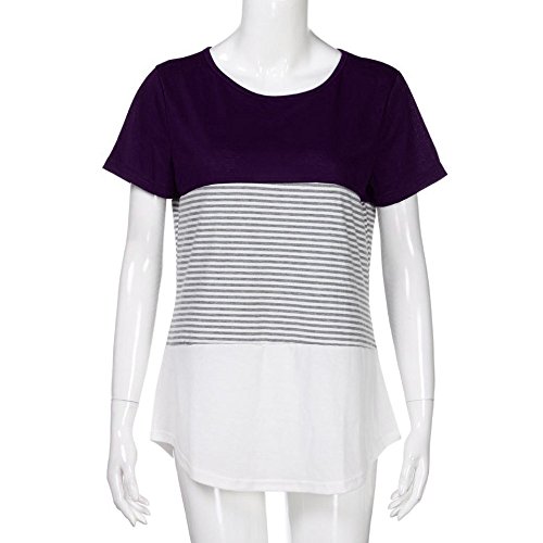 Chanyuhui Women Shirts Plus Size Clearance Casual Stitching Striped Short Sleeve Blouse Tunic Teen Girls Pullover Tops (M, Purple)