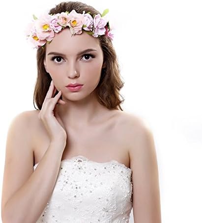 Qhome Camellia Berries Flower crown Headband with Adjustable Ribbon for Wedding