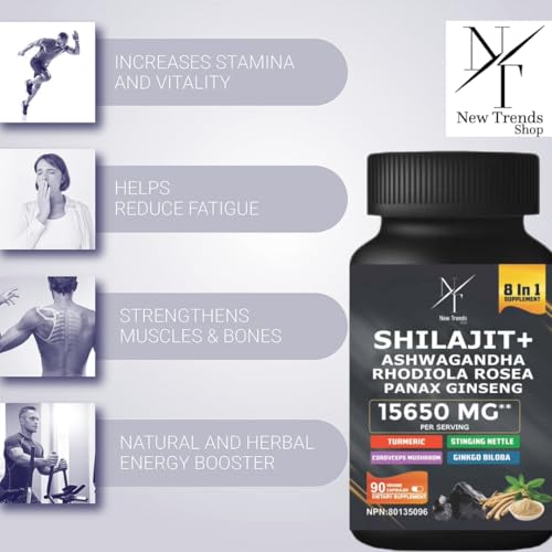 8-in-1 Shilajit Himalayan Organic Supplement with Shilajit 9000, Ashwagandha 2000MG, Rhodiola Rosea 1000MG, Panax Ginseng 1500MG, Cordyceps Mushroom 500MG, Gingko Biloba 500MG, Stinging Nettle 250MG, Turmeric (15,250 MG - 90 Caps)