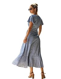 SheIn Manga corta de verano con cuello en V Floral Wrap A Line Party Vestidos largos