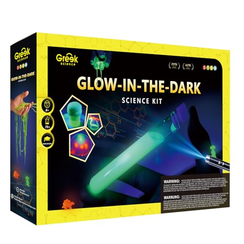Greek Science 75+ Science Experiments for Kids, Glow in the Dark Science Kit with Glowing Test Tube, Glowing Waves, Colorful Bouncy Balls, STEM Toys Christmas Birthday Gift for Girls and Boys
