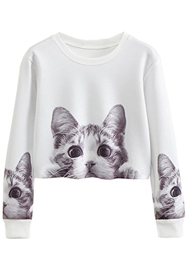 Women's Casual Cat Print Long Sleeve Pullover Tops Blouse Party Sweatshirt size M (White)