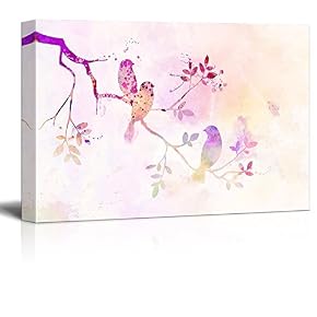 Pink Watercolor Style Painting with Birds Resting on Tree Branches