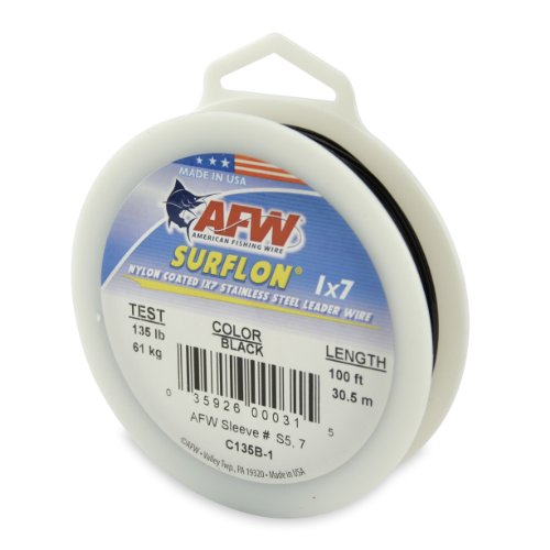 American Fishing Wire Surflon Nylon Coated 1x7 Stainless Steel Leader Wire, Black Color, 135 Pound Test, 100-Feet