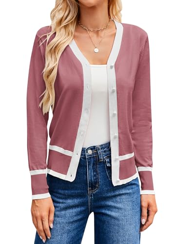 GRACE KARIN Women Cropped Cardigan Lightweight Knit Sweater Dusty Pink,S at Amazon