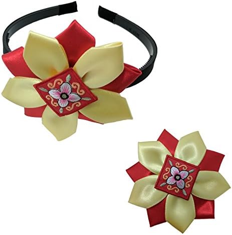Huuha Flower Lily Headband and Hair Clip Set - Handmade - Silk (Red and Yellow)