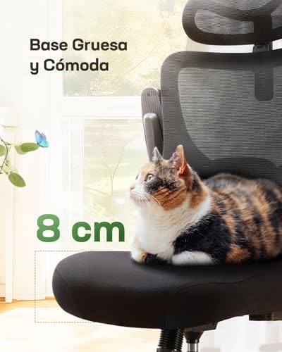 Silla Oficina Ergonómica, Silla Escritorio Ergonómica con Reposacabezas 2D Ajustable, Soporte Lumbar 2D, Reposabrazos Plegables 3D, Ajuste de Altura, Silla Oficina Giratoria hasta 136 kg