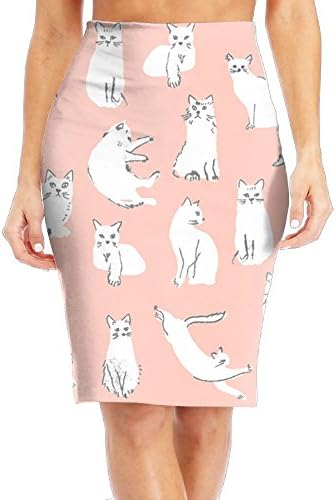 WANING MOON Women's Cute White Cat High Waist Slim Skirt Office Pencil Dress for Women Length