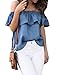 ICOOLTECH Women's Off Shoulder Boho Shirt Loose Blouses Casual Crop Tops (XL(US 8-10), Denim Blue)