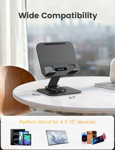 Lamicall Adjustable iPad Stand for Desk - [Ultra-Slim Foldable][360°Rotation] Tablet Stand with Heavy-Duty Base, Tablet Holder Gifts for 4.7-13" Devices, 2025 iPad Pro Air Mini, Kindle, iPhone 17 Pro