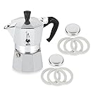 Bialetti® Moka Express #06799 3-Cup Espresso Maker Machine and #06960 Bialetti®, Six Replacement Gaskets and Two Bialetti® Replacement Filter Plates Bundle