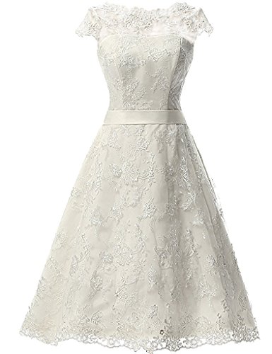 Amore Bridal Women's Vintage Lace Wedding Dress with Cap Sleeves Short Bridal Gown Ivory, 18W