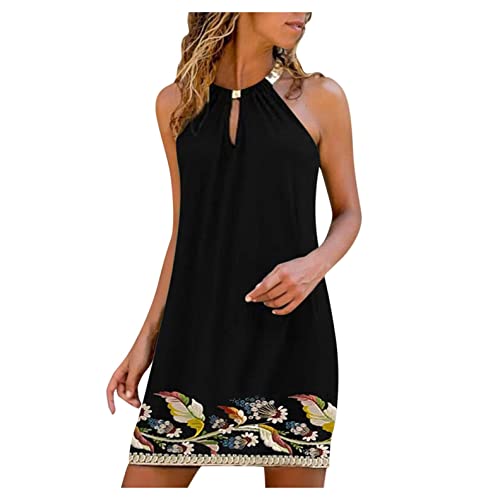 Womens Summer Dress, Women's Halter Neck Sleeveless Mini Dress Loose Round  Neck Daisy Print Short Sundress Bla