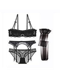Conjunto de sujetadores de encaje con lencería y bragas y liga y calcetín para dama, 4 unidades