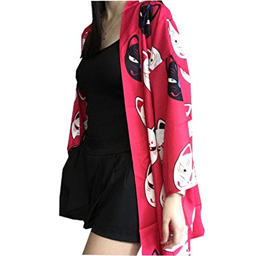Japanese Kimono Printed Bat Sleeve Loose Cardigan Sun Protection Cosplay Costumes Black/Red,Red,One Size - Thumbnail 5