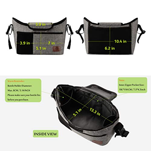 Baby Stroller Organizer Bag with 2 XL Cup Holders and Large Storage Diaper Bag for Universal Stroller Accessories (Grey)