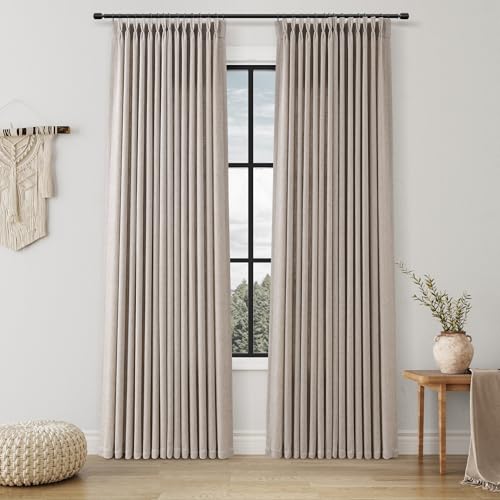 Beige Pinch Pleated Linen Curtains 2 Panels 90 Inch for Living Room Thick Farmhouse Rustic Memory Training Shaped Semi Sheer Light Filtering Back Tab Drapes with Clip Rings Hooks for Bedroom Office