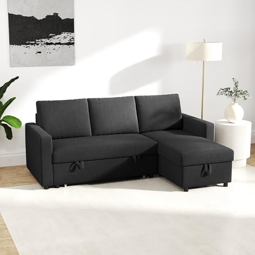 HOMCOM Convertible Corner Sofa Bed, 83" Pull Out Sleeper Sofa with Chaise Storage, L-Shaped Sectional Futon Couch with 3 Removable Back Cushions for Living Room, Apartment, Black
