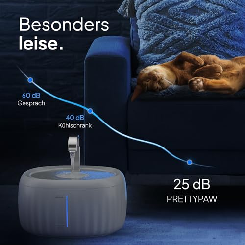 PrettyPaw Cat Fountain - Super Quiet, BPA-Free 3L Drinking Fountain for Cats with LED and Activated Carbon Filter - Easy to Clean Cat Drinking Fountain - Aqua Flow (Grey)