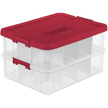 Sterilite 1427 Stack & Carry 2 Layer 24 Ornament Storage Box, Red Lid and Handle, See-through layers