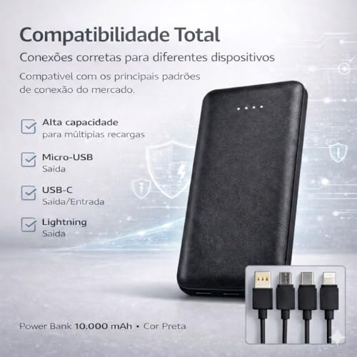 Power Bank Carregador Portátil Universal 10000mAh com Cabos Integrados USB-A, USB-C (Type-C), Micro-USB e USB-Light Carregamento Rápido Bateria Externa Compacta para Celular Android iOS