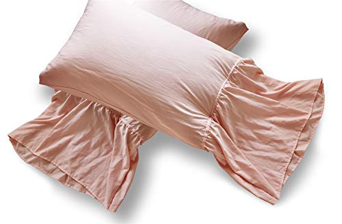 Moowoo Vintage Farmhouse Bedding, 3 Pieces Ruffle Duvet Cover Set 100% Washed Cotton Romantic Mermaid Tail French Country Style Duvet Cover with Ties (Pink, Queen) - Thumbnail 2