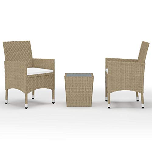 vidaXL Bistroset 3-TLG. Gartenmöbel Balkonset Balkonmöbel Gartenset Sitzgruppe Gartengarnitur Tisch Stühle Poly Rattan Hartglas Beige
