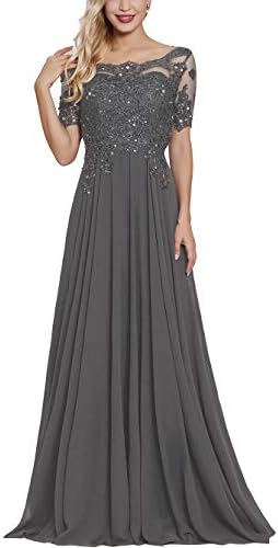 Lace Applique Beaded Mother of The Bride Dresses Long with Sleeves Bateau Neck Maxi Formal Evening Gown