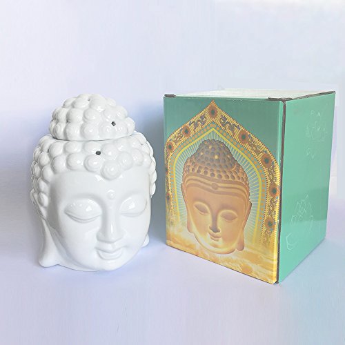Moylor White Ceramic Buddha Head Essential Oil Burner and Tea Light Candle Holder for Amora, Spa, Yoga, Meditation, Zen