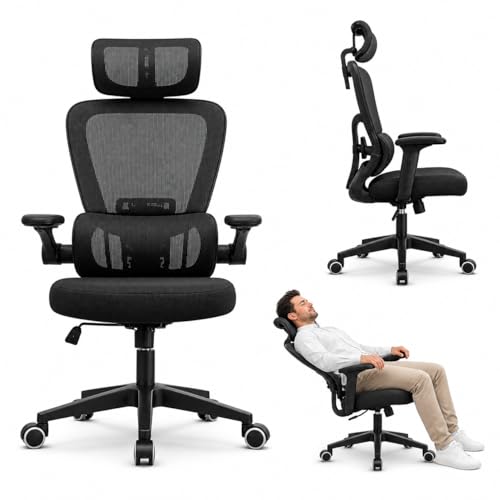 ITS Imports Cadeira de Escritório Presidente Ergonômica Preta Encosto Mesh Reclinável 135 Graus Cadeira Giratória com Apoio de Cabeça Braços Ajustáveis Suporte Lombar Alta Densidade Confortável