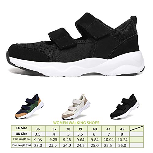 aeepd Women Fashion Trainers Walking Shoes Hook and Loop Adjustable Strap Arch Support Comfort Breathable Mesh Black