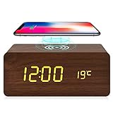 fomobest Wooden Alarm Clock with Wireless Charging for iPhone Samsung, Wood Digital LED Desk Clock for Bedroom, 3 Alarm Settings, Sound Control, Adjustable Brightness, Time Temperature (Brown)