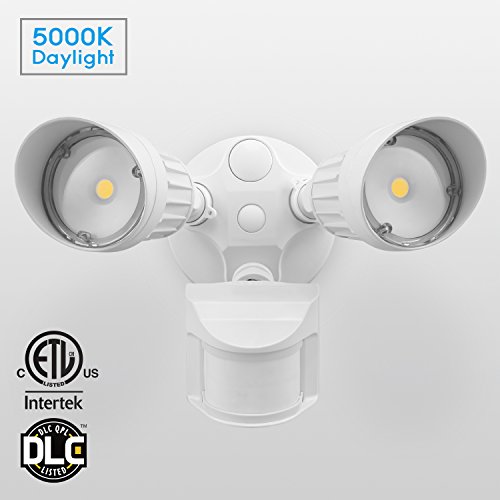 20W Dual-Head Motion Sensor LED Outdoor Flood Security Light, Photocell Included, 3 Modes, DLC & ETC Listed Waterproof 120W Halogen Equiv. for Yard, Garage, Exterior Porch, 5000K Daylight, White
