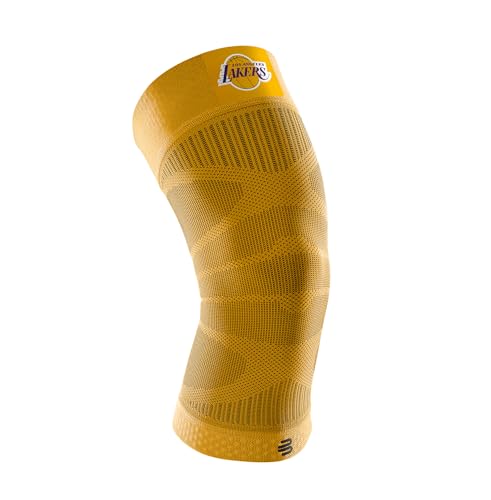 BAUERFEIND Kniebandage Sports Compression Knee Support NBA, 1 Unisex Sportkniebandage für Ballsportarten, Basketball Knie-Bandage in Gelb mit LA Laker