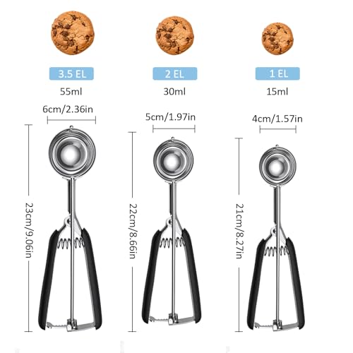 SPEENSUN 3-piece ice cream scoop set with trigger (4/5/6 cm) stainless steel dough scoop balls and melon ball mould made of 304 steel, for ice cream, melon balls, mashed potatoes, dough and cakes