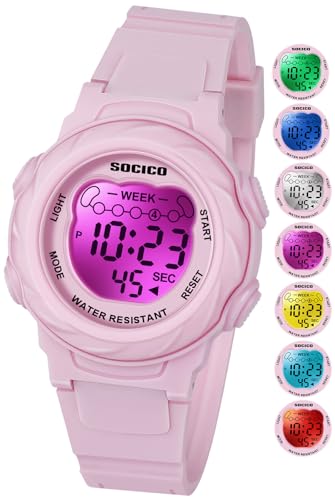 SOCICO Kids Digital Watches for Girls Boys, 5ATM Waterproof, 7 Color Lights Waterproof Watches for Kid with Alarm Stopwatch, Soft Band Wrist Watch Christmas Gifts for Kids Ages 5-12