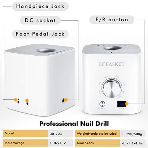 Nail Drill for Acrylic Nails - Electric Nail Drill 30000RPM Electric Nail File Professional Nail Drill Machine Portable Nail File Machine to Remove Gel Polish Nail Gel with Nail Drill Bits Foot Pedal