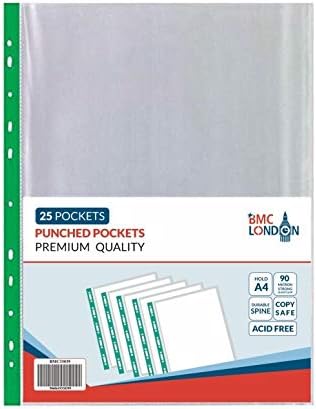 Punched Pocket A4 Extra Strong 90 Micron Transparent Poly Wallets Glass Clear 25 Sheet Protector Premium Quality Poly Pockets Files by BMC LONDON