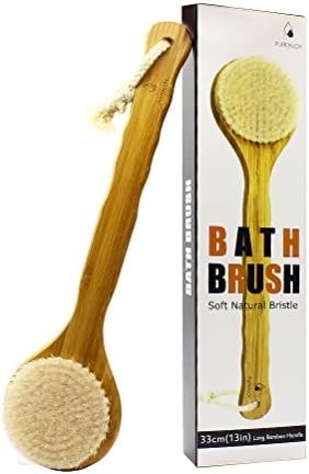 Bath Body Brush, PURENJOY Back Shower Brush 100% Natural Boar Bristle Dry Skin Scrub Brush with 13-Inch Long Bamboo Handle for Dry Brushing and Shower