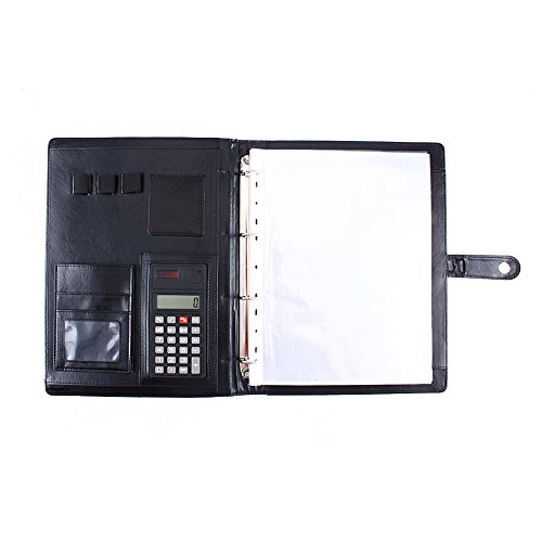 A4 Conference Portfolio Folder with Calculator, PU Leather Executive Business Note Book Calculator Folder Organiser with Pen Slot/Card Slots/Pad/Paper