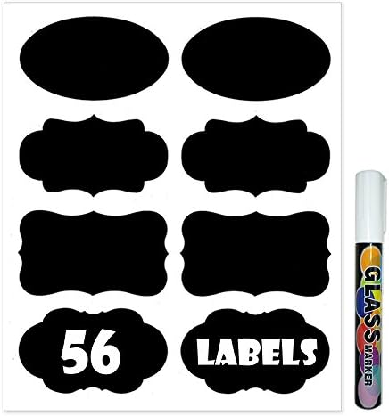 56-Pack Chalkboard Labels with 1 Free Liquid Chalk Marker - Premium Black/ Large/ Reusable Chalkboard Stickers, 4 Designs, use for Kitchen Jars/ Storage Boxes/ Party Decorations/ etc.