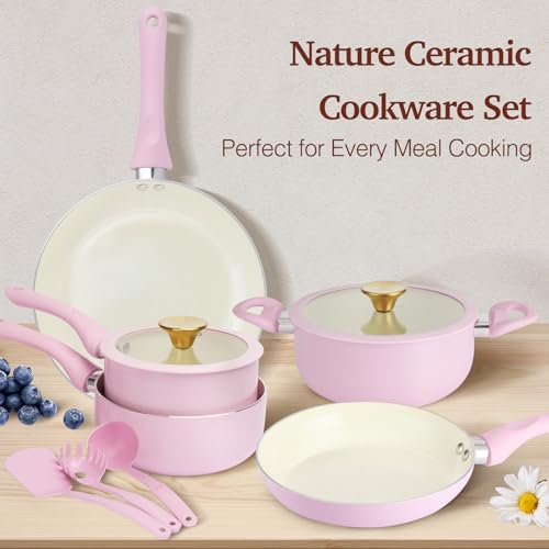 M MELENTA Pink Pots and Pans Set Non Stick, 11 Piece Non Toxic Ceramic Cookware Set, Induction Ready Kitchen Cooking Set with Cool-Grip Handles, PFOA & PTFE Free
