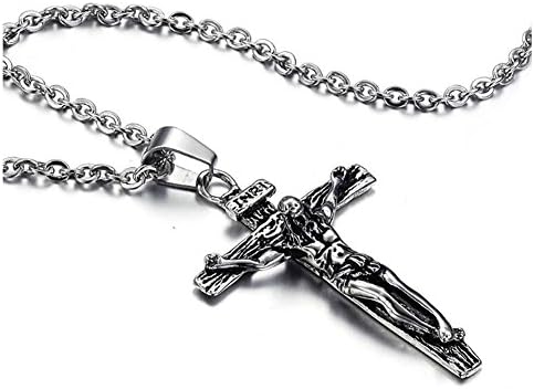 Linuo Jewelry Antique Cross Crucifix Pendant Unisex Jesus Christ Polished Stainless Steel Necklace