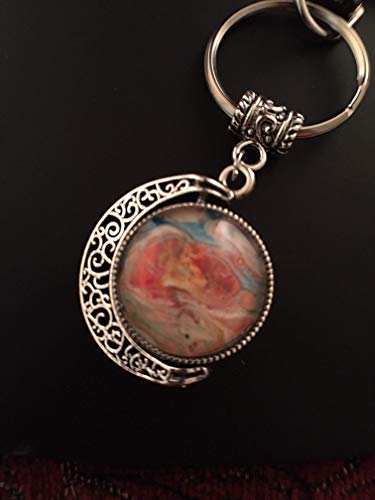 Double Crescent Moon Rotating Silver Key-Chain One of a Kind Acrylic Pouring Fluid Art Abstract Key-Ring Cabochon (18mm) Orange, Gold, Carolina Blue and White/ Lime Green, Yellow, Black and Red #12